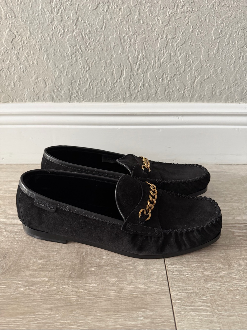 Tom Ford Black Suede Loafers with Gold Chain men 10.5